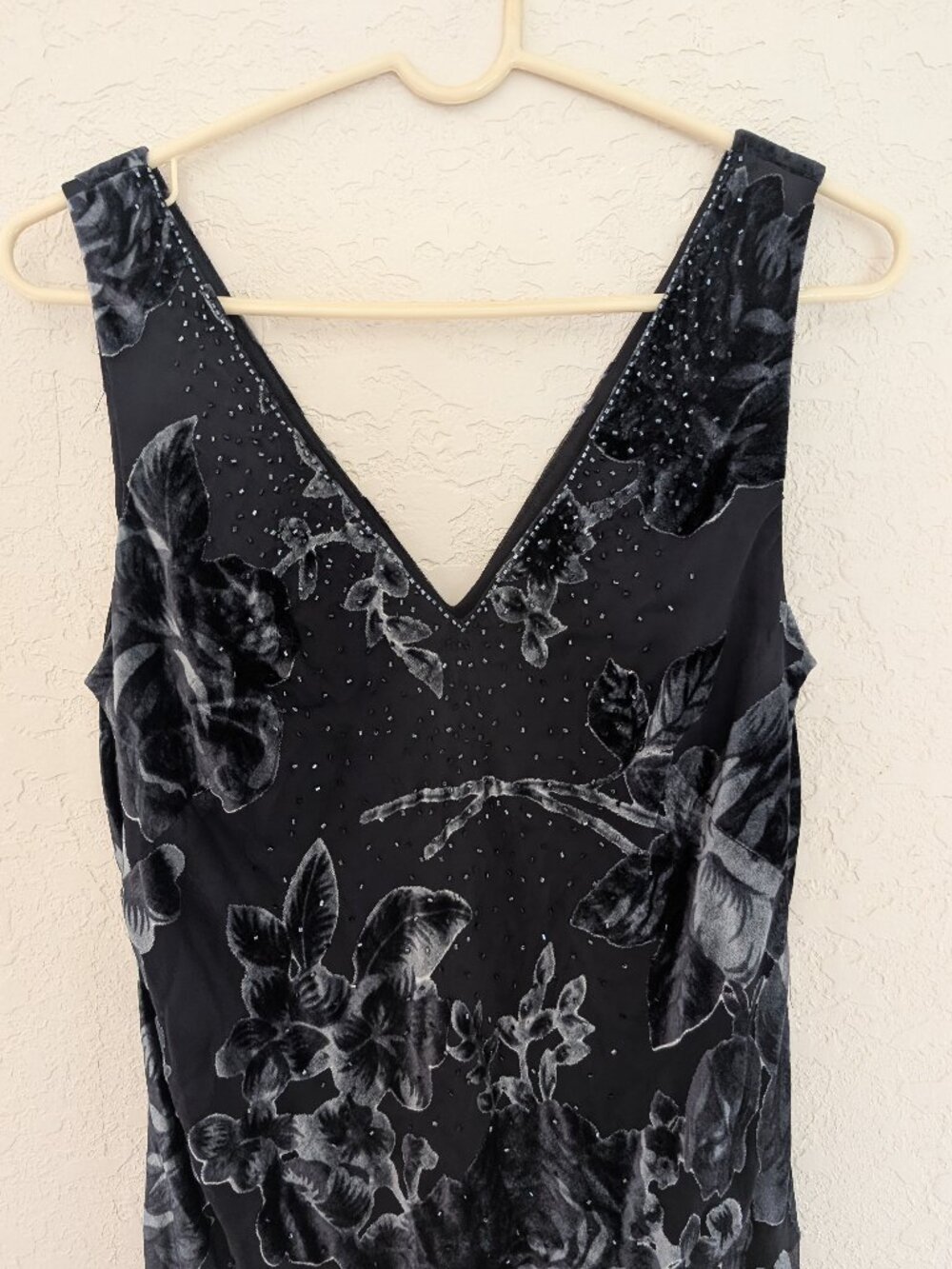 Vintage 90s Velvet Beaded Floral Formal Prom Gown Dress Whimsygoth